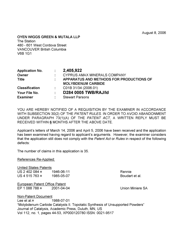 Document de brevet canadien 2405922. Poursuite-Amendment 20060808. Image 1 de 4