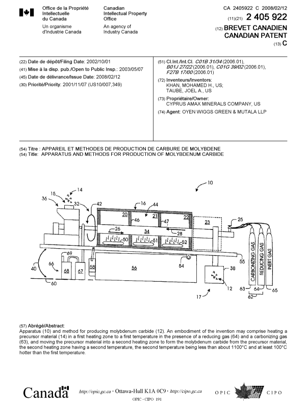 Canadian Patent Document 2405922. Cover Page 20080124. Image 1 of 1