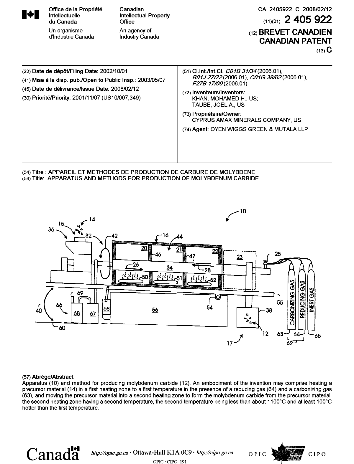 Canadian Patent Document 2405922. Cover Page 20080124. Image 1 of 1
