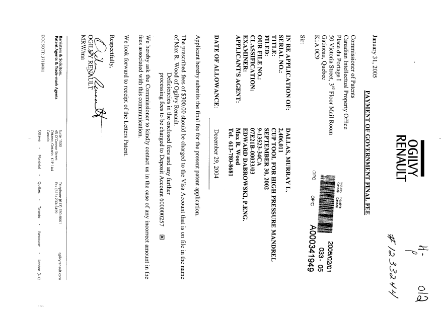 Canadian Patent Document 2406011. Correspondence 20050201. Image 1 of 1