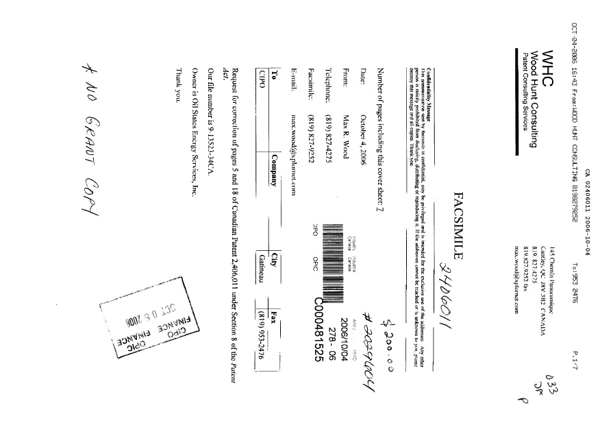 Canadian Patent Document 2406011. Correspondence 20061004. Image 1 of 7