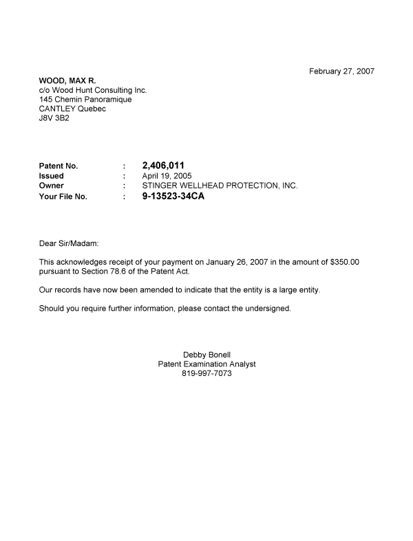 Document de brevet canadien 2406011. Correspondance 20070227. Image 1 de 1