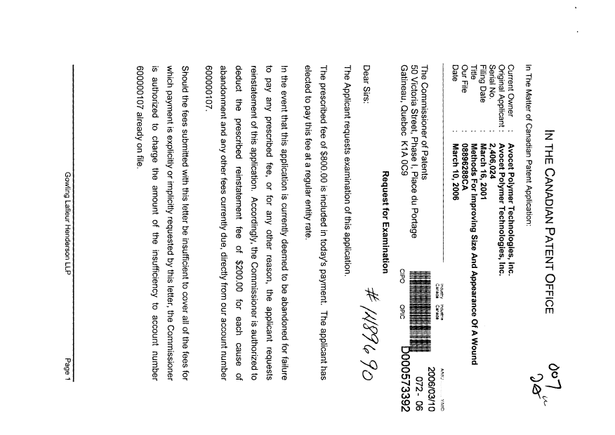 Canadian Patent Document 2406024. Prosecution-Amendment 20051210. Image 1 of 2