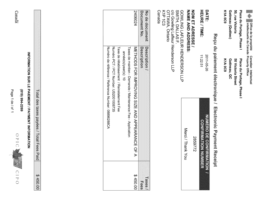 Document de brevet canadien 2406024. Taxes 20101226. Image 1 de 1