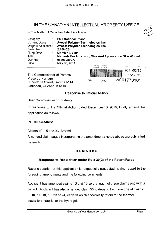 Canadian Patent Document 2406024. Prosecution-Amendment 20101230. Image 1 of 5