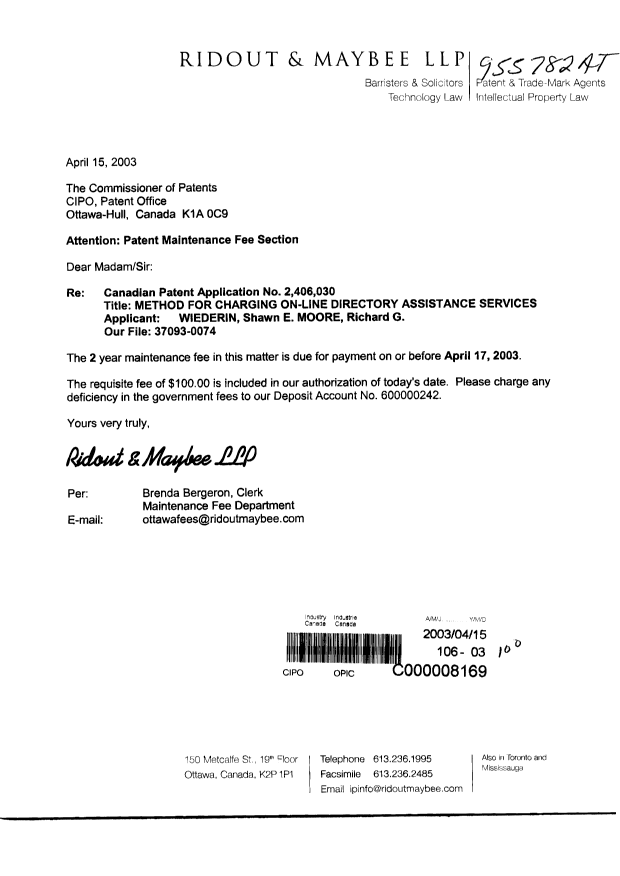 Canadian Patent Document 2406030. Fees 20030415. Image 1 of 1