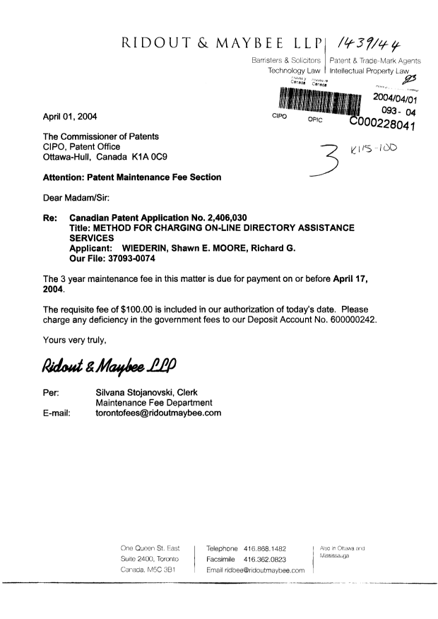 Canadian Patent Document 2406030. Fees 20040401. Image 1 of 1