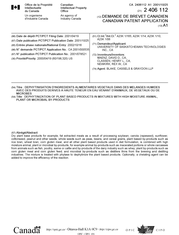 Canadian Patent Document 2406112. Cover Page 20030129. Image 1 of 1