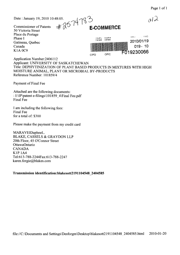 Canadian Patent Document 2406112. Correspondence 20100119. Image 1 of 3
