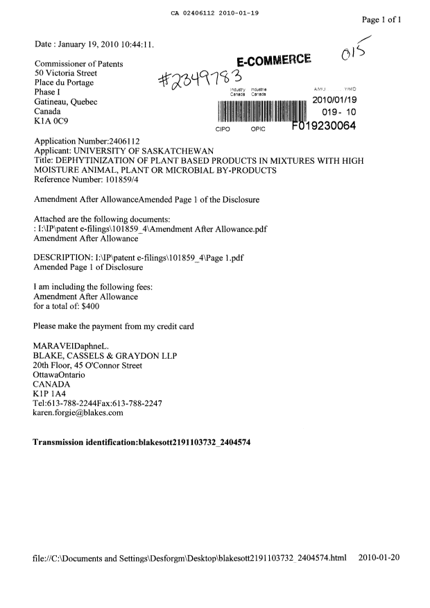 Document de brevet canadien 2406112. Poursuite-Amendment 20100119. Image 1 de 4