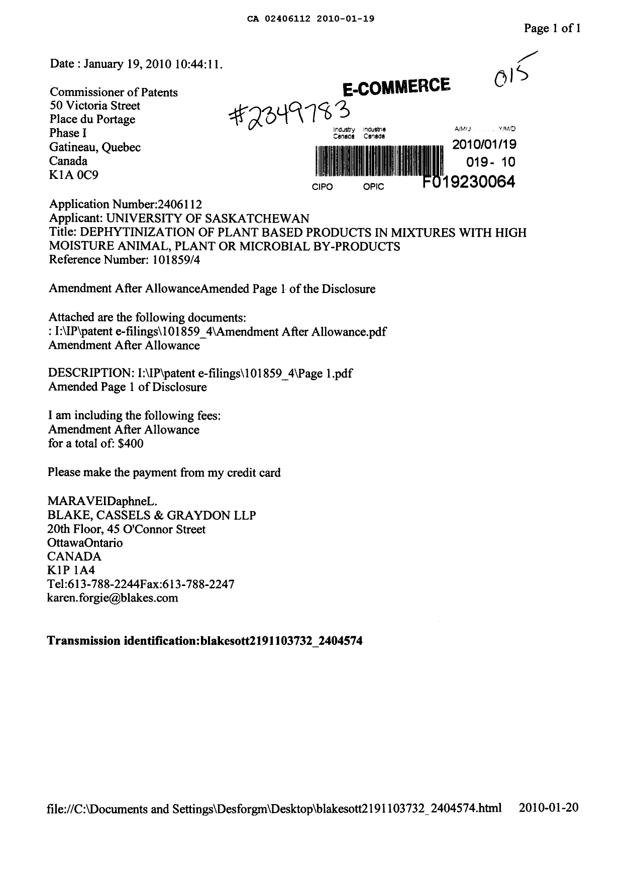 Canadian Patent Document 2406112. Prosecution-Amendment 20100119. Image 1 of 4