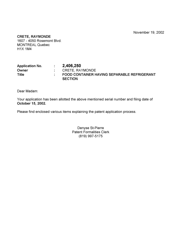 Document de brevet canadien 2406250. Correspondance 20011215. Image 1 de 1