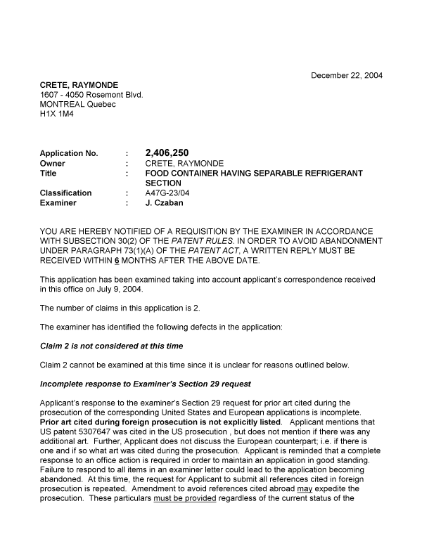 Document de brevet canadien 2406250. Poursuite-Amendment 20031222. Image 1 de 3