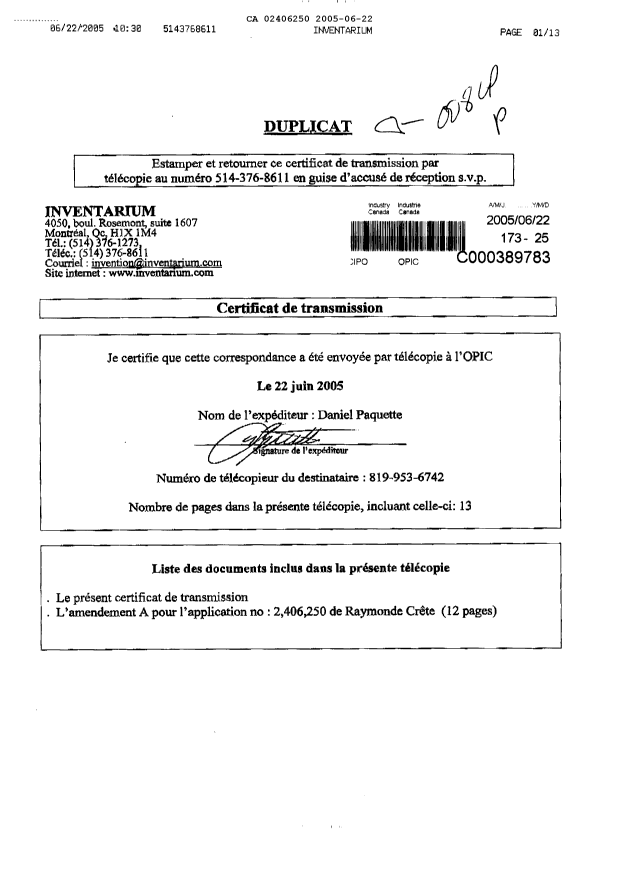 Document de brevet canadien 2406250. Poursuite-Amendment 20041222. Image 1 de 13