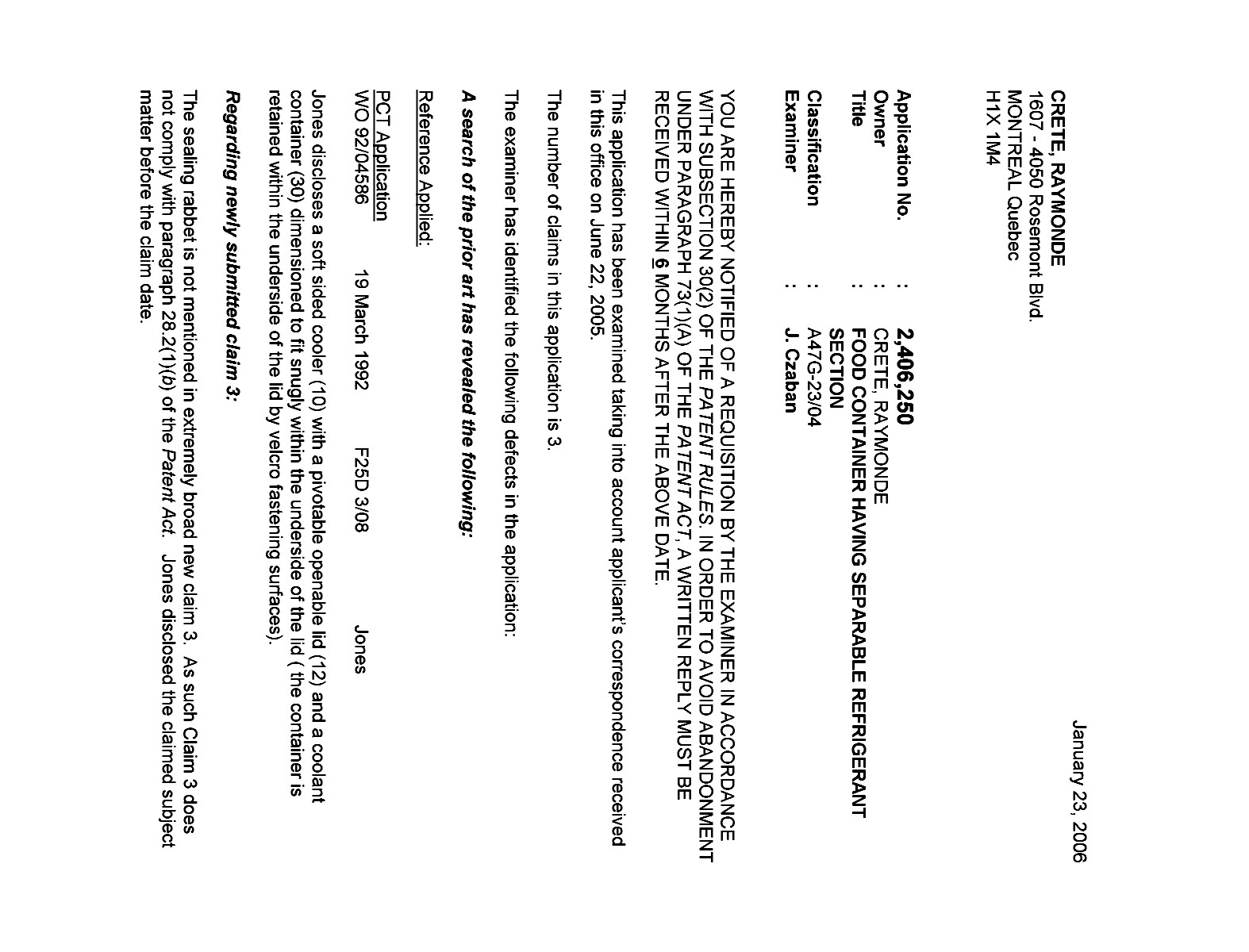 Document de brevet canadien 2406250. Poursuite-Amendment 20051223. Image 1 de 2