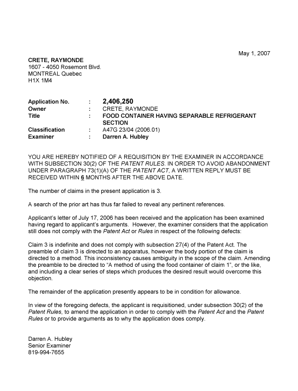 Document de brevet canadien 2406250. Poursuite-Amendment 20061201. Image 1 de 1