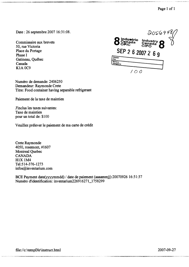 Document de brevet canadien 2406250. Taxes 20061226. Image 1 de 1
