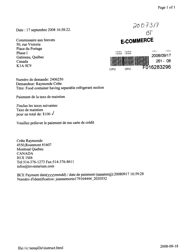 Document de brevet canadien 2406250. Taxes 20071217. Image 1 de 1