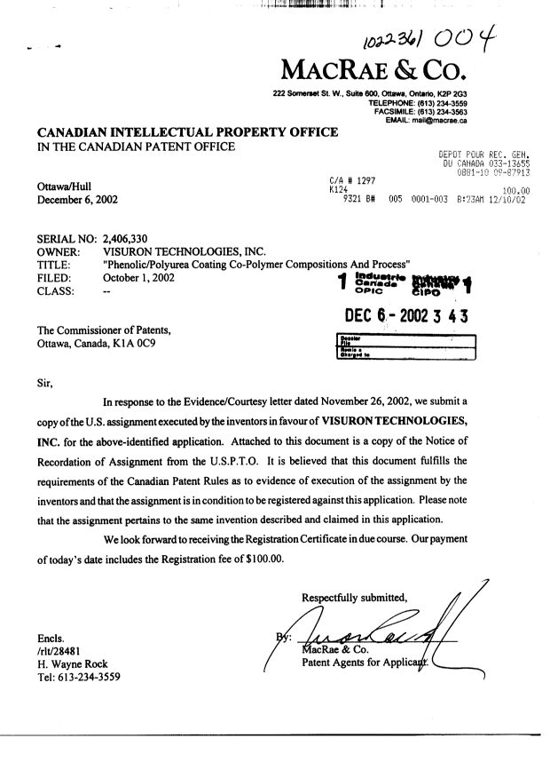 Document de brevet canadien 2406330. Cession 20021206. Image 1 de 3