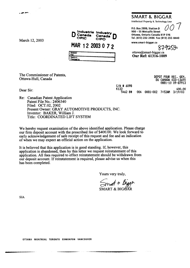 Canadian Patent Document 2406340. Prosecution-Amendment 20021212. Image 1 of 1