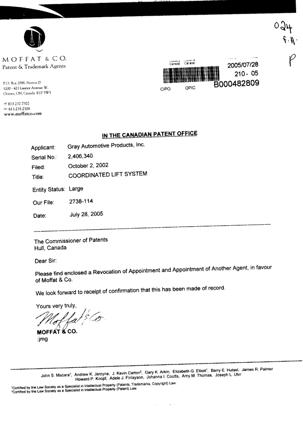 Document de brevet canadien 2406340. Correspondance 20050728. Image 1 de 2