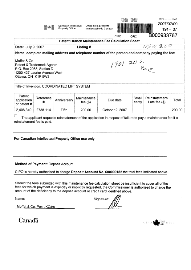 Canadian Patent Document 2406340. Fees 20070709. Image 1 of 1