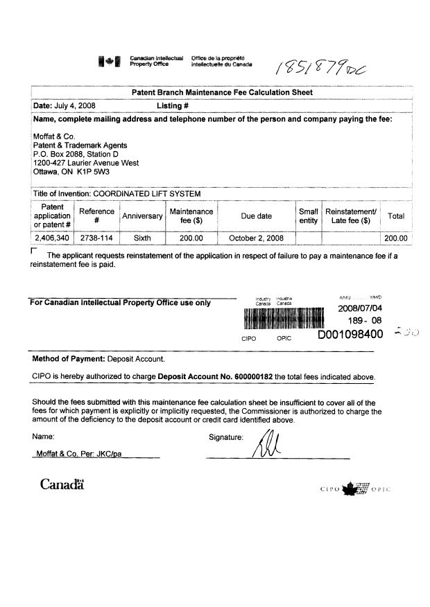 Document de brevet canadien 2406340. Taxes 20071204. Image 1 de 1