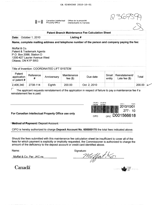 Canadian Patent Document 2406340. Fees 20091201. Image 1 of 1