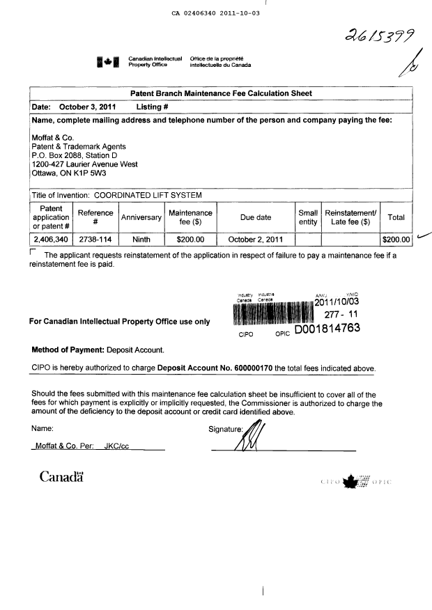 Document de brevet canadien 2406340. Taxes 20111003. Image 1 de 1