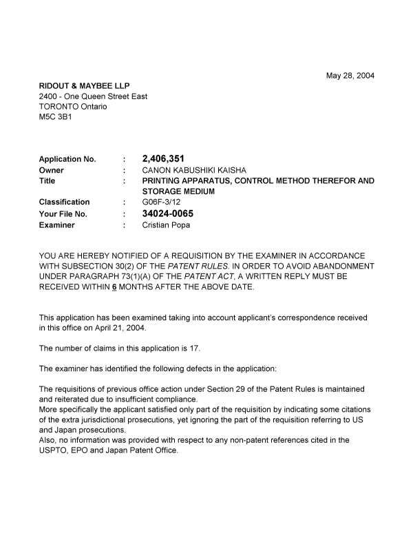 Canadian Patent Document 2406351. Prosecution-Amendment 20040528. Image 1 of 2