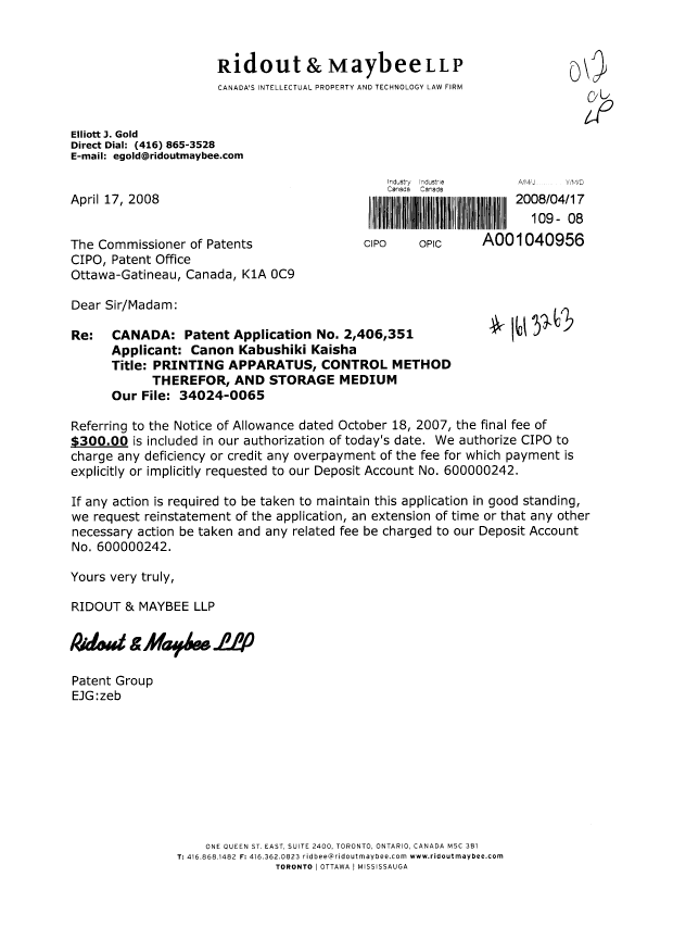 Canadian Patent Document 2406351. Correspondence 20080417. Image 1 of 1