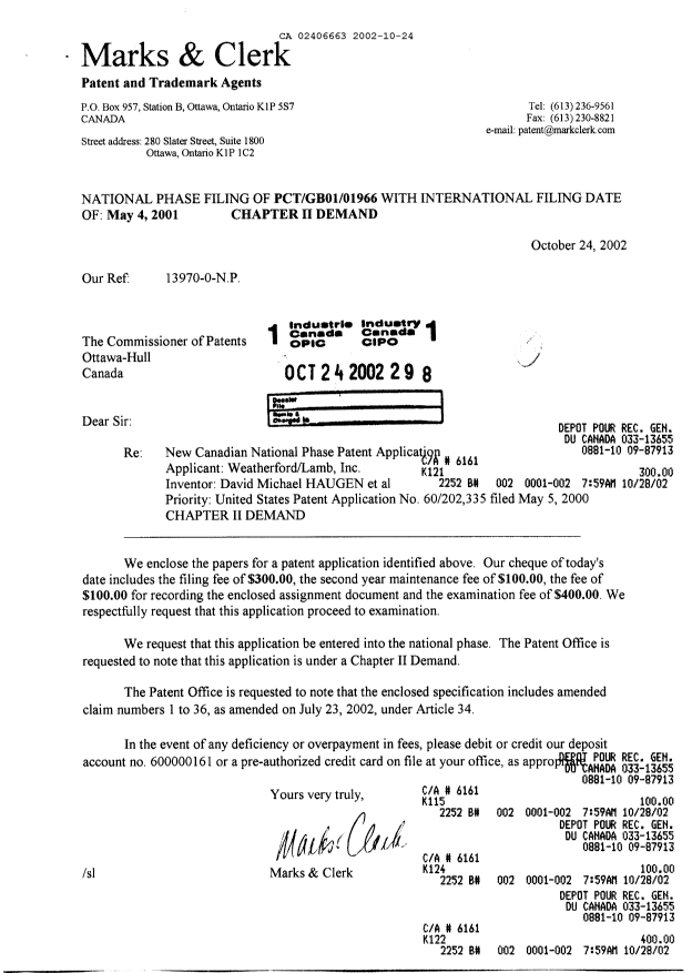Document de brevet canadien 2406663. Cession 20021024. Image 1 de 3