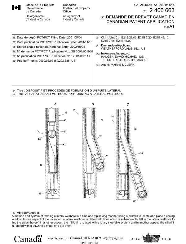 Canadian Patent Document 2406663. Cover Page 20030220. Image 1 of 1