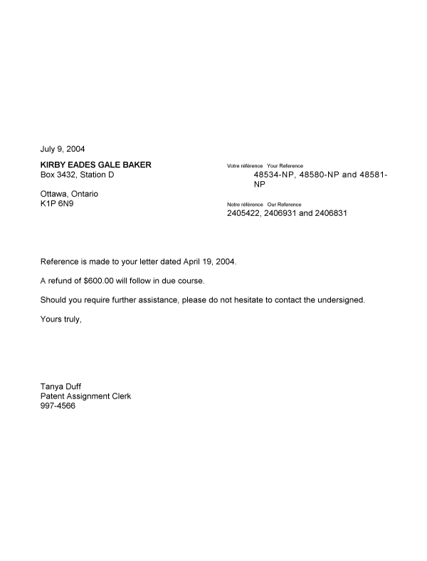 Canadian Patent Document 2406831. Correspondence 20040726. Image 1 of 1