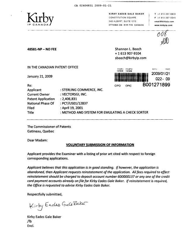 Canadian Patent Document 2406831. Prosecution-Amendment 20090121. Image 1 of 1