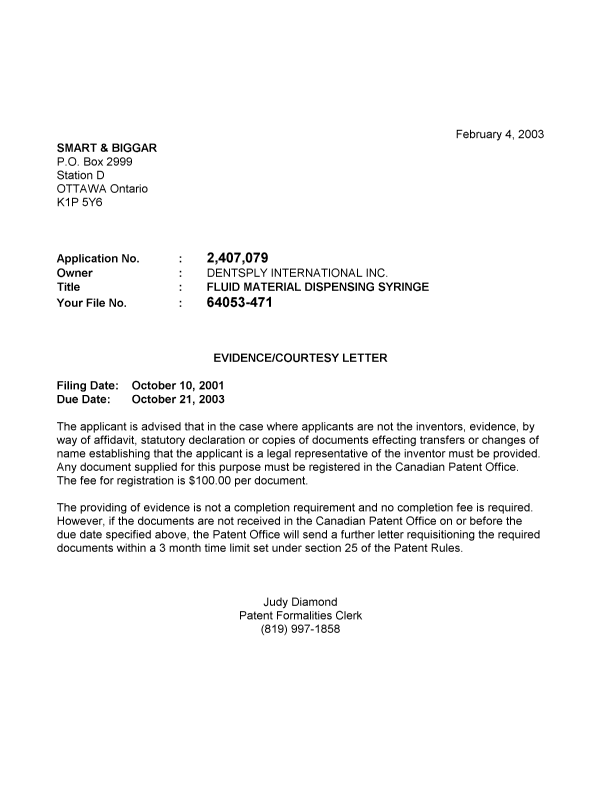 Document de brevet canadien 2407079. Correspondance 20030129. Image 1 de 1