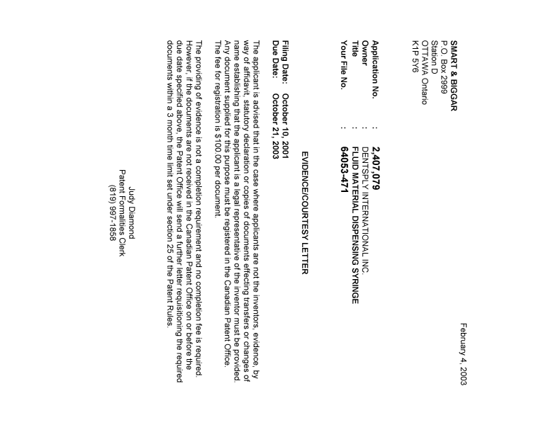 Canadian Patent Document 2407079. Correspondence 20030129. Image 1 of 1