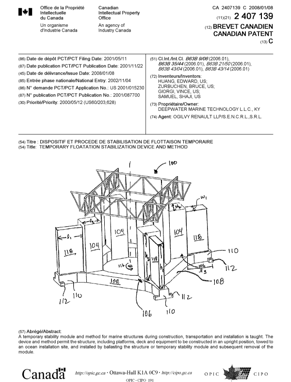 Document de brevet canadien 2407139. Page couverture 20071130. Image 1 de 1