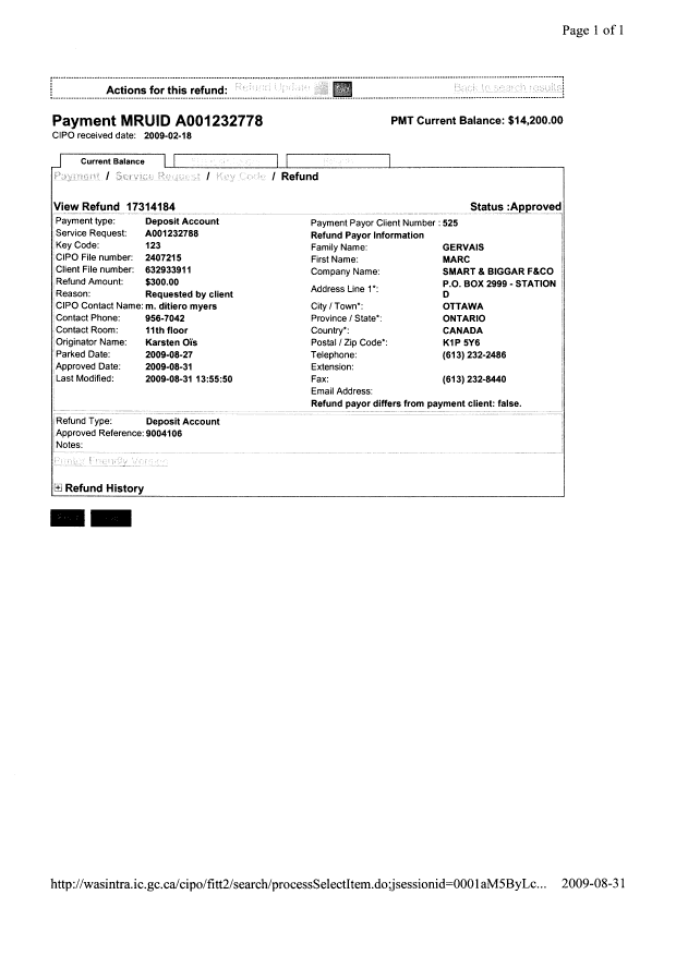 Canadian Patent Document 2407215. Correspondence 20090831. Image 1 of 4