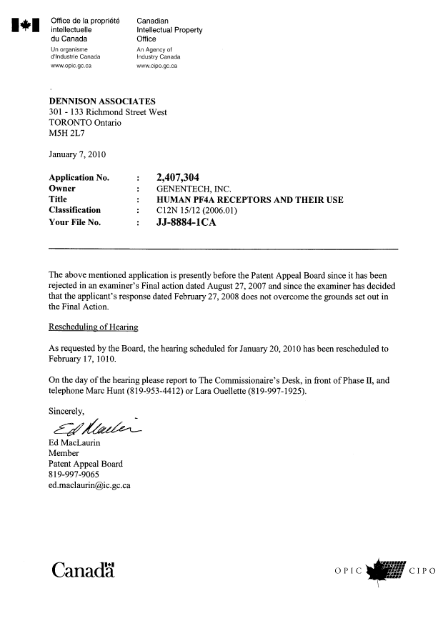 Document de brevet canadien 2407304. Correspondance 20100107. Image 1 de 1