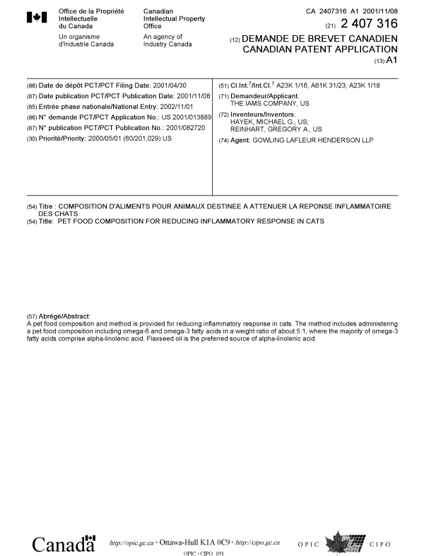 Document de brevet canadien 2407316. Page couverture 20030207. Image 1 de 1