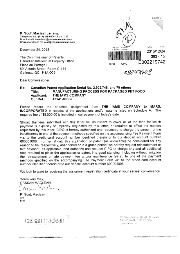 Document de brevet canadien 2407316. Cession 20151224. Image 1 de 7