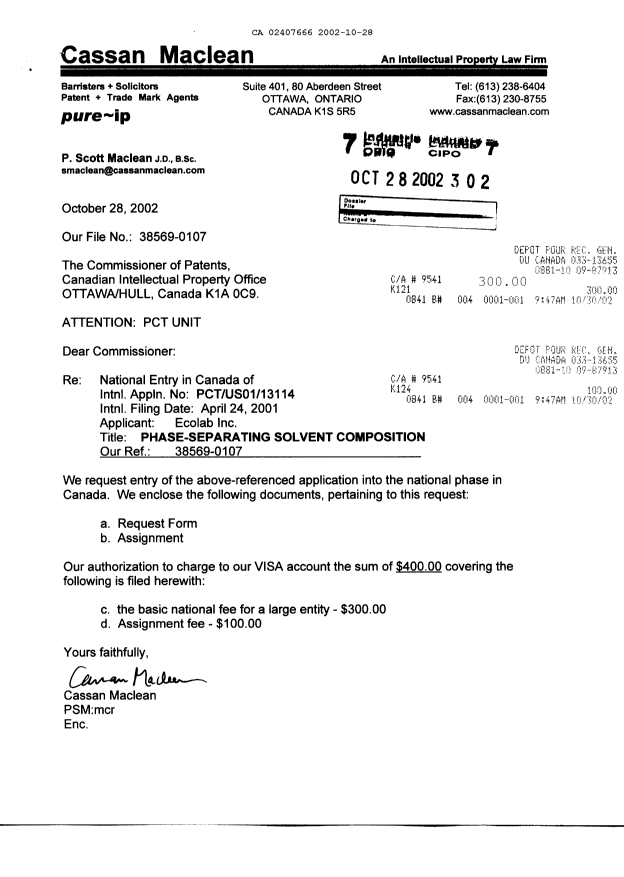 Document de brevet canadien 2407666. Cession 20021028. Image 1 de 6