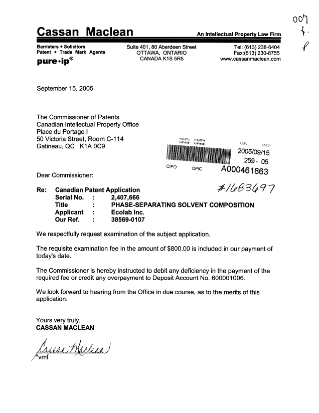 Document de brevet canadien 2407666. Poursuite-Amendment 20050915. Image 1 de 1
