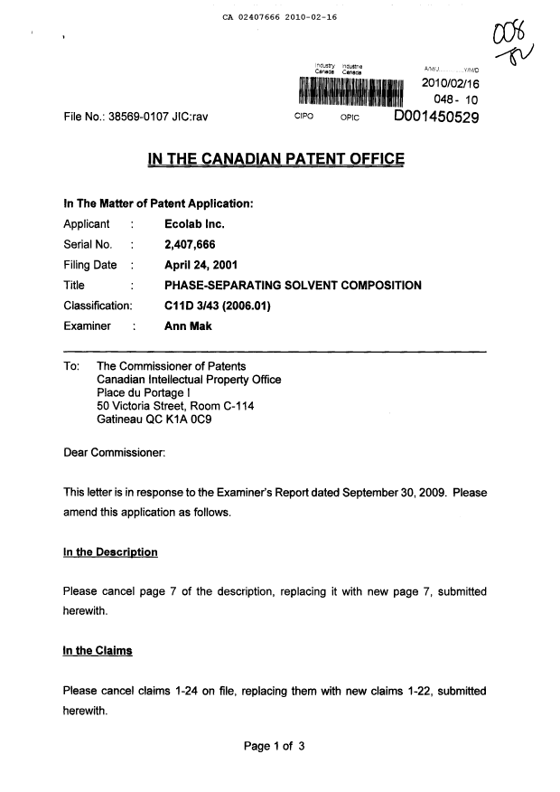 Document de brevet canadien 2407666. Poursuite-Amendment 20100216. Image 1 de 7