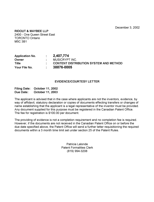 Canadian Patent Document 2407774. Correspondence 20021128. Image 1 of 1