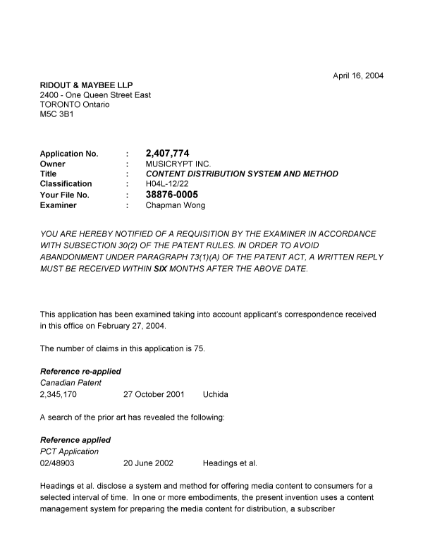 Canadian Patent Document 2407774. Prosecution-Amendment 20040416. Image 1 of 4