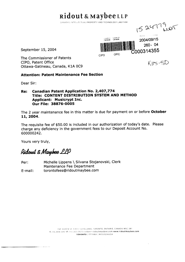 Canadian Patent Document 2407774. Fees 20040915. Image 1 of 1