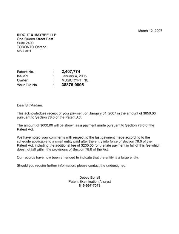 Canadian Patent Document 2407774. Correspondence 20070312. Image 1 of 1