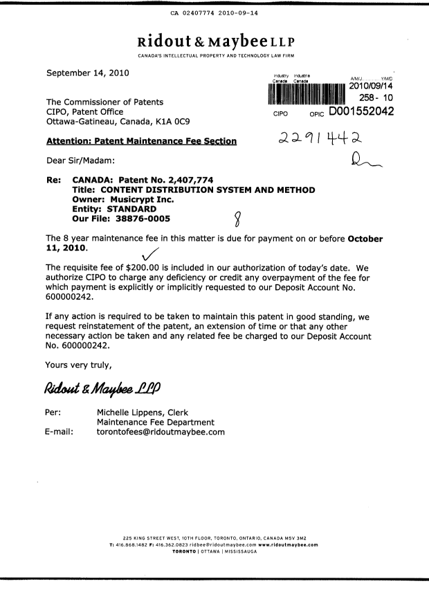 Canadian Patent Document 2407774. Fees 20100914. Image 1 of 1